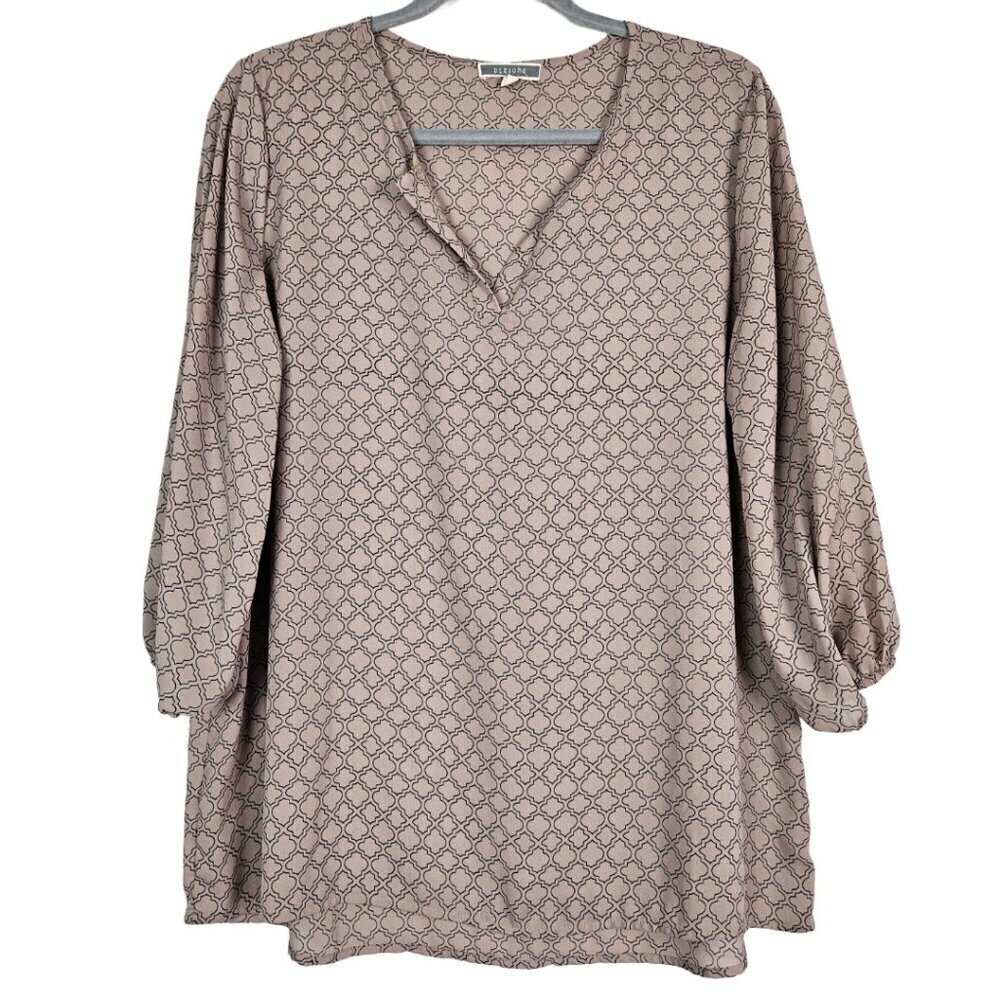 Pleione Tan Tile Print Split Neck 3/4 Sleeve Popover Blouse Top M